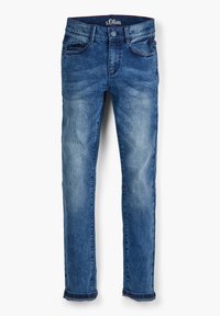 Jeanové nohavice v strednom modrom odtieni s mierne vyblednutou textúrou. Obsahujú päť vreciek, zapínanie na gombík a upravený lem na členkoch.