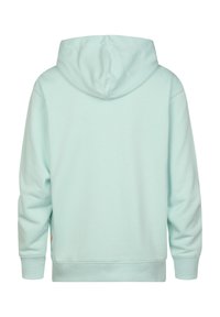 Sudadera con capucha verde menta de textura suave, con capucha ajustable mediante cordón y puños acanalados, diseñada para un ajuste relajado con un pequeño detalle de logo.