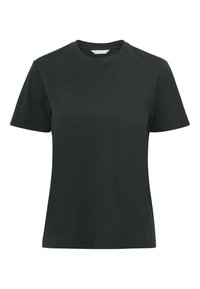 T-shirt nera a maniche corte in cotone con collo a giro. Il tessuto appare liscio, con un colore solido e dettagli minimi.