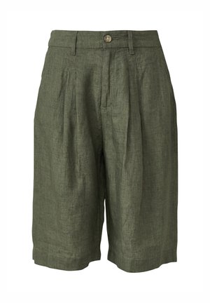 Olijfgroene linnen shorts met hoge taille, plooien, riemlussen, knoop aan de voorkant en ritssluiting.