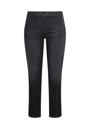 Black denim pants with a straight cut, featuring stitched detailing, a front button closure, and an elastic waist for comfort.