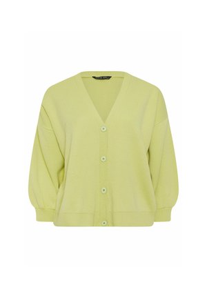 Cardigan de punto de color verde claro con botones, mangas largas, escote en V, puños y borde acanalados, mostrado sobre un fondo blanco.