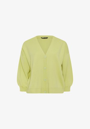 Lysegrøn cardigan med knapper, lange ærmer, V-hals, ribbet kanter ved ærmer og bund, vist på hvid baggrund.