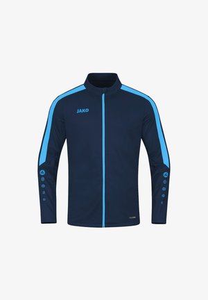 Veste zippée marine avec des accents bleu ciel et un logo. Caractéristiques : col montant, manches longues et détails à motifs sur les manches.