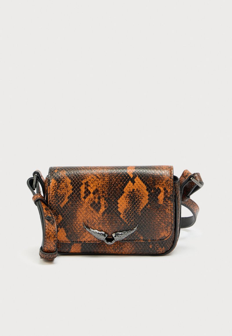 Boxy crossbody bag in textured brown and orange snake print, featuring a metallic wing accent and adjustable strap.