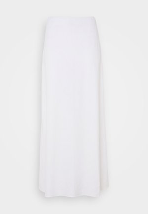 Balta maksi svārku izgatavota no viegla auduma ar gludu tekstūru, ar vienkāršu, A-formas dizainu un bez redzamām rotājumiem.