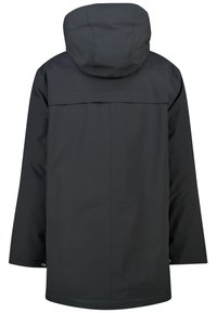 Black waterproof jacket with a hood, featuring a straight cut, minimal seams, and snap fasteners at the sides. Smooth, matte texture.