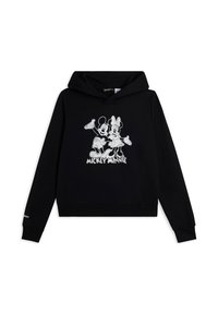 Felpa nera con grafica frontale di Topolino e Minni in contorno bianco. Presenta una tasca a marsupio e polsini a costine.
