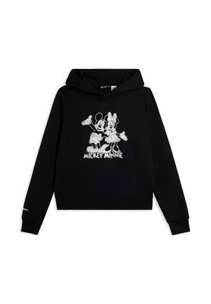 Sweat à capuche noir avec un motif frontal de Mickey et Minnie Mouse en contour blanc. Dispose d'une poche kangourou et de poignets côtelés.
