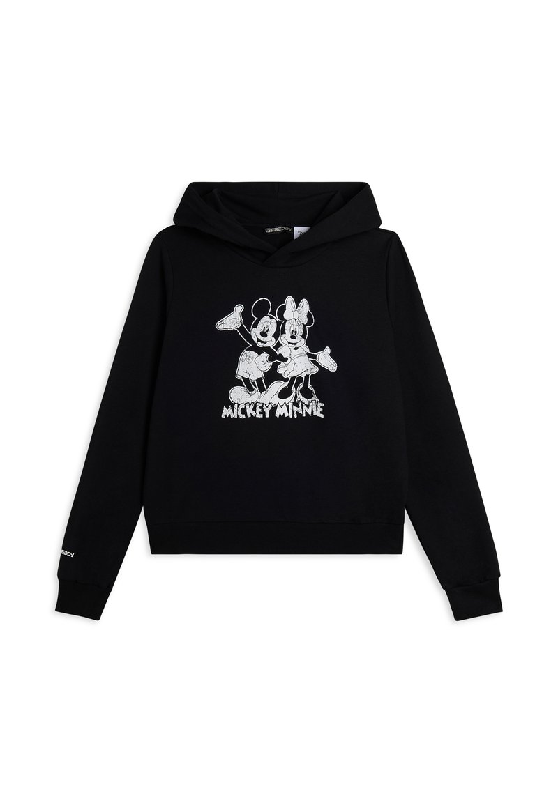 Felpa nera con grafica frontale di Topolino e Minni in contorno bianco. Presenta una tasca a marsupio e polsini a costine.