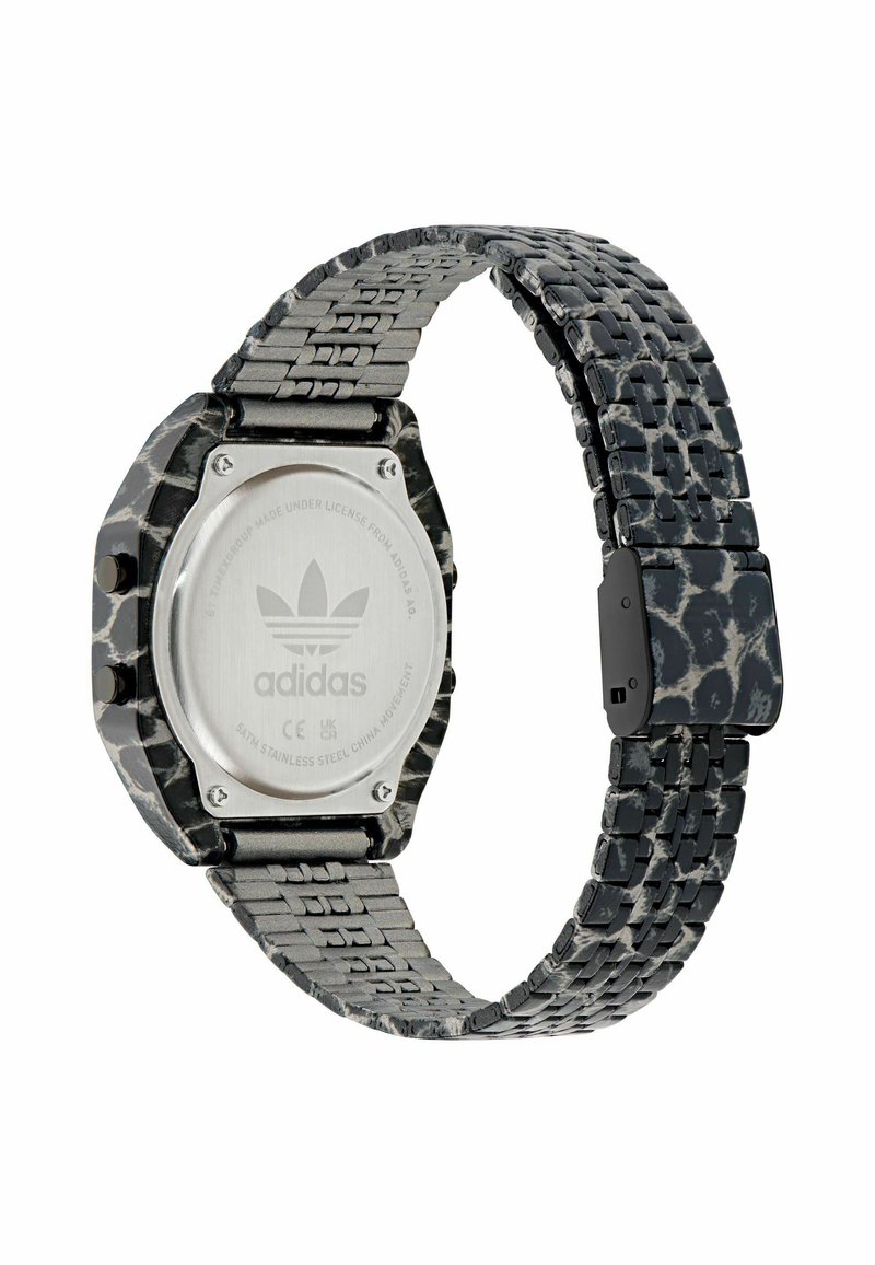 Schwarz-grau gemusterte Uhr mit achteckigem Zifferblatt, Edelstahlrückseite und gemustertem Armband. Verfügt über eine Klappschließe.