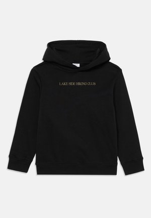 Sweatshirt à capuche noir en coton. Présente le texte "CLUB DE RANDONNÉE DU LAC" en lettres dorées sur le devant. Manches longues et poignets côtelés.