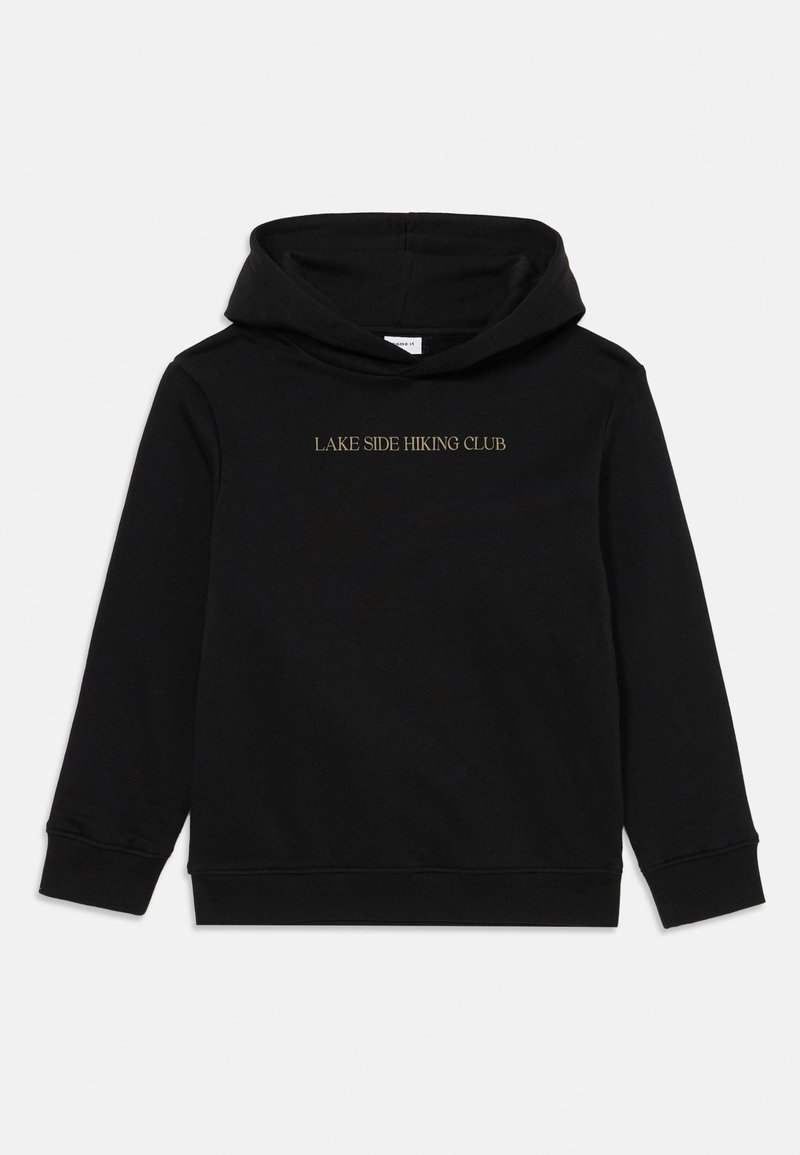 Felpa nera con cappuccio realizzata in cotone. Presenta la scritta "LAKE SIDE HIKING CLUB" in caratteri dorati sulla parte anteriore. Maniche lunghe e polsini a coste.