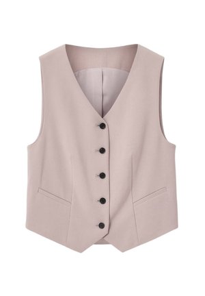 Gilet beige senza maniche con bottoni, scollo a V e due tasche frontali, vestibilità sagomata, design semplice e formale.