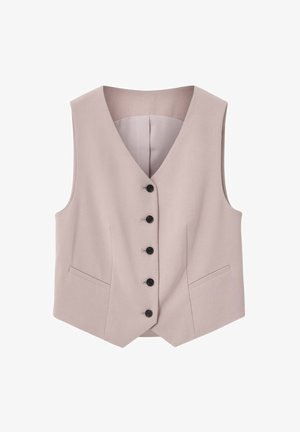 Gilet beige senza maniche con bottoni, scollo a V e due tasche frontali, vestibilità sagomata, design semplice e formale.