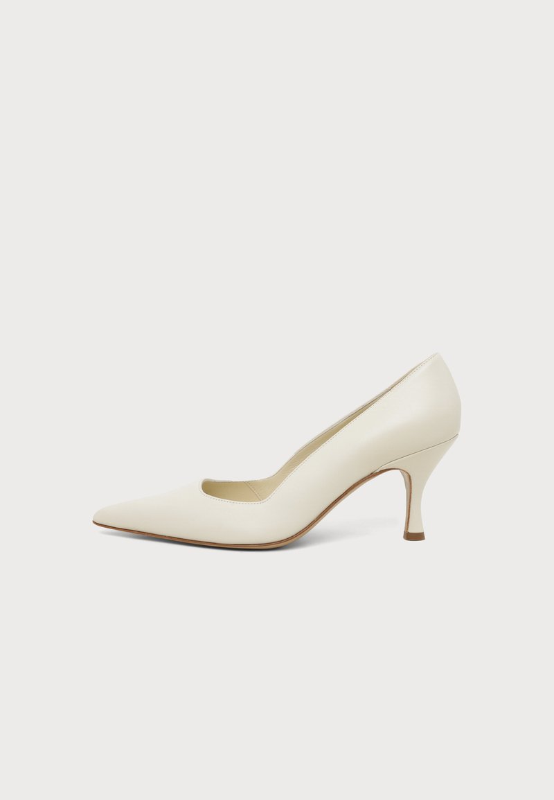 Chaussure à talon haut en cuir couleur crème, à bout pointu et talon fin de hauteur moyenne, sur un fond clair uni.