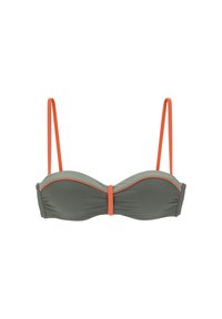 Žalias bikinio viršus su oranžinėmis petnešėlėmis ir akcentais, centruojantis su susiraukimo detale ir lygiu, elastingu audiniu.