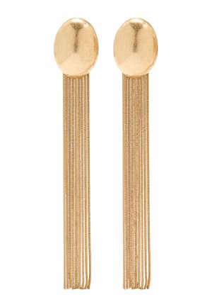 Złote owalne kolczyki na sztyft z wieloma długimi, cienkimi łańcuchowymi frędzlami zwisającymi prosto w dół.