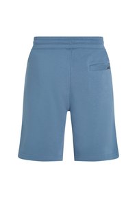 Shorts de sport bleus avec une texture douce, dotés d'une taille élastique et d'une poche au dos. Coupe droite, design jusqu'aux genoux.