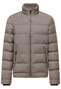 Chaqueta acolchada con cremallera en un patrón de cuadros marrones. Cuenta con cuello alto, mangas largas y bolsillos laterales con cremalleras marrones.