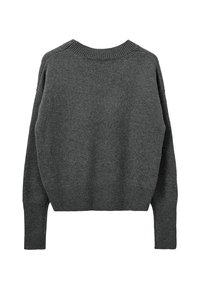 Maglione a maglia grigio scuro con collo e polsini a costine, dalla vestibilità ampia e design con spalle scese. Vista posteriore senza decorazioni.