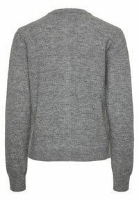 Grauer Strickpullover, runder Ausschnitt, lange Ärmel, weiche Textur, schlichtes Design, keine sichtbaren Muster oder Hardware, Rückansicht angezeigt.