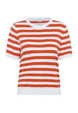 Stripet kortærmet strikbluse i orange og hvid; rund hals; blød tekstur; lige snit; afsluttet med en solid hvid ribkant.