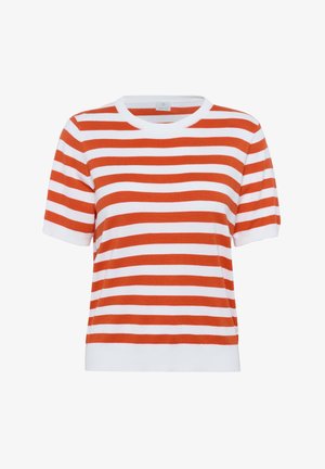 Črtasta kratka sleeves majica iz pletenine v oranžni in beli barvi; okrogla vrata; mehak material; ravno krojena; zaključena z enobarvnim belim rebrastim robom.
