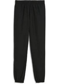 Pantalones negros de cintura elástica con un corte relajado, que cuentan con puños ajustados y una tela suave y ligera. Sin patrones ni acentos adicionales.