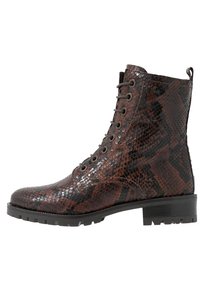 Stivaletto alla caviglia con motivo a serpente marrone, realizzato in pelle lucida, dotato di design con lacci, punta rotonda e suola resistente per una buona trazione.