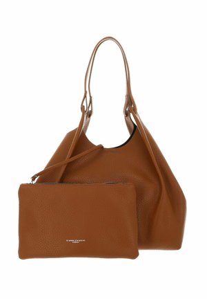 Borsa a mano in pelle marrone con superficie testurizzata, dotata di due manici lunghi e una pochette zip removibile dello stesso colore.