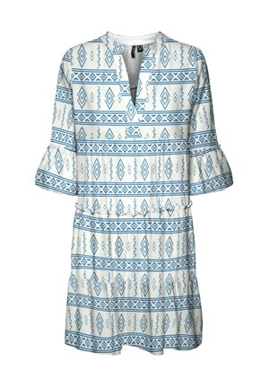 Witte jurk met blauwe geometrische patronen, voorzien van een notch-kraag, klokmouwen en een elastische taille voor een comfortabele pasvorm.