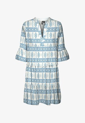 Witte jurk met blauwe geometrische patronen, voorzien van een notch-kraag, klokmouwen en een elastische taille voor een comfortabele pasvorm.