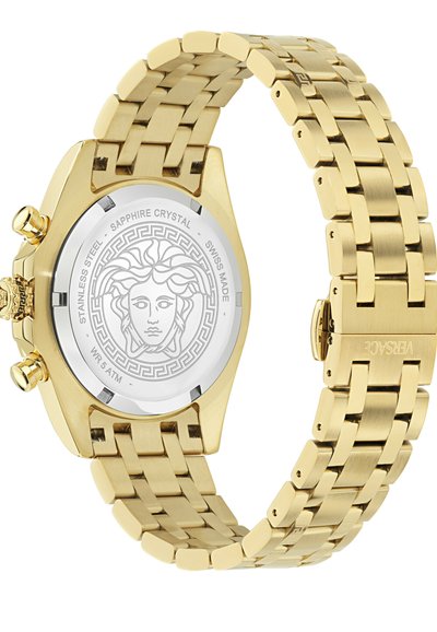 Guldtonet rustfrit stål Versace armbåndsur med indgraveret Medusa-emblem på bagsiden, led-armbånd og trykknaplukning.