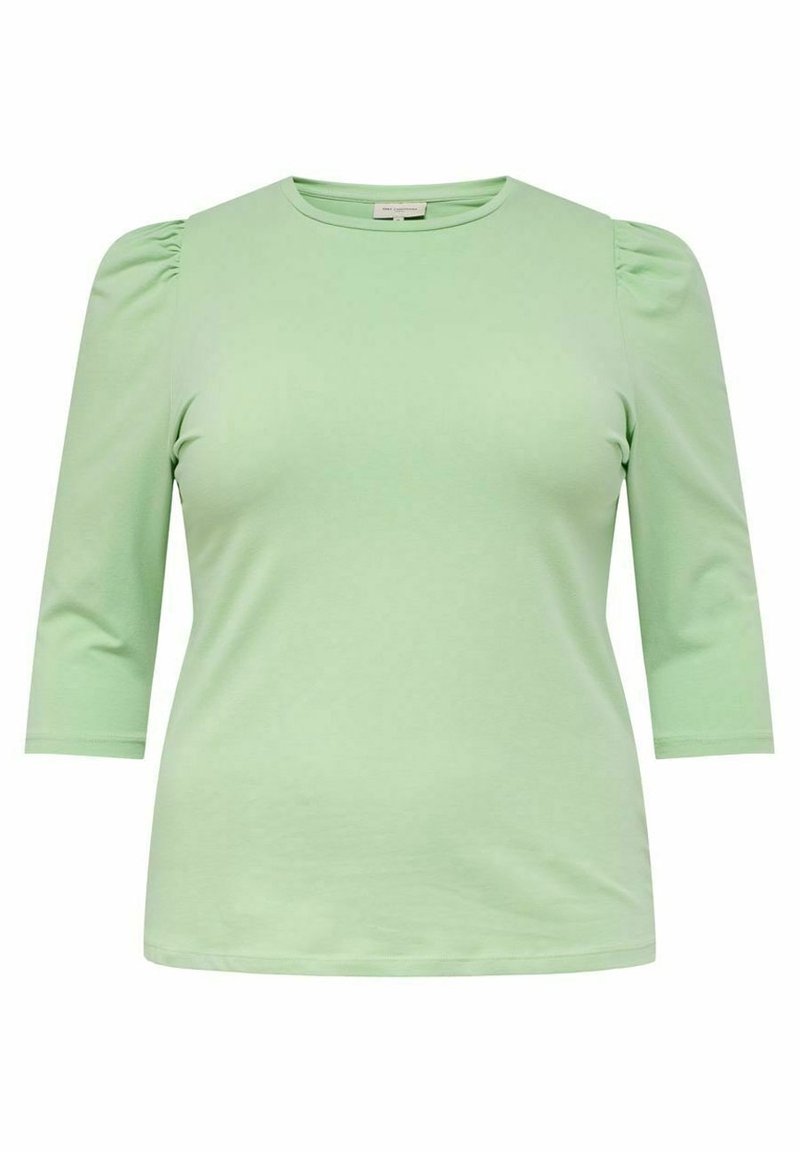 Vihreä lyhythihainen paita, jossa on pehmeä rakenne ja vartalonmyötäinen muotoilu. Sisältää rypytettyä yksityiskohtaa harteilla ja pyöreän pääntien.