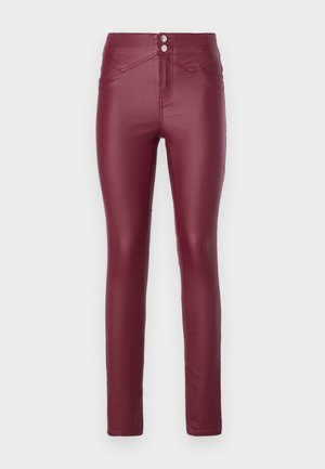 Burgundia faux nahkaste kitsas püksid kõrge vöökohtadega, millel on kaks esimest nuppu, nurga all esipocketid ning sile ja läikiv tekstuur.