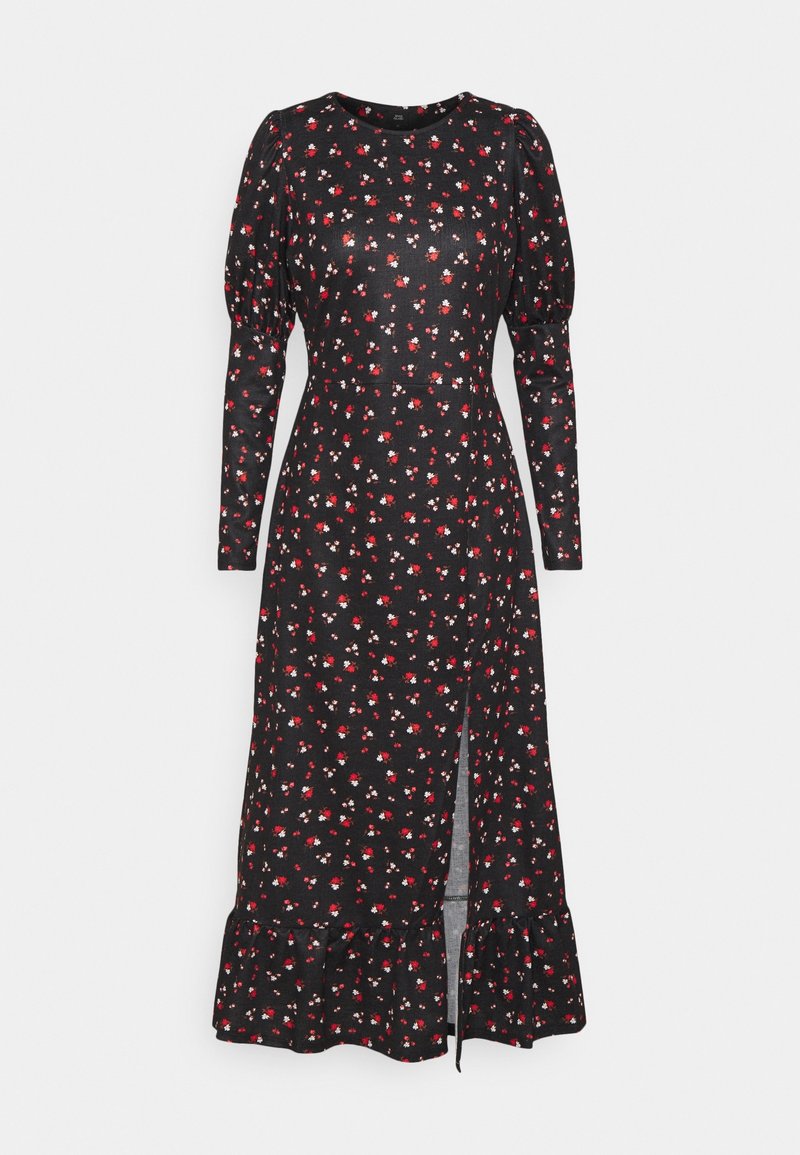 river island black floral midi dress River Island Monochrome Floral Shirred Midi Dress - Black/White