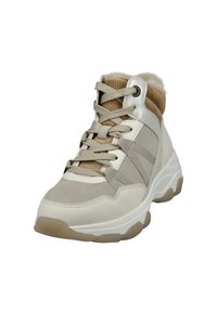 Beige high-top sneaker with a textured fabric upper, soft furry collar, rubber sole, and tonal stripe design. Features flat laces and eyelets.