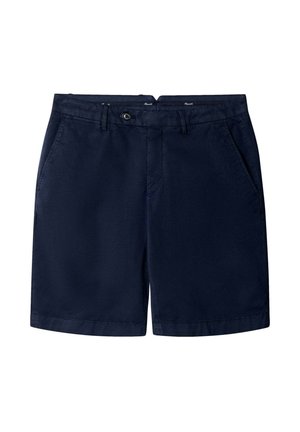 Marineblaue Baumwollshorts mit flachem Vorderteil, zwei Seitentaschen und einem Knopfverschluss. Glatte Textur mit klassischem Design.