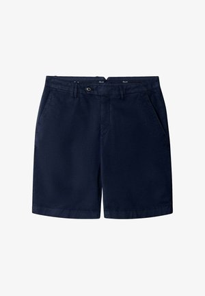 Marineblauwe katoen shorts met een rechte voorkant, twee zijzakken en een knoopsluiting. Gladde textuur met een klassiek ontwerp.