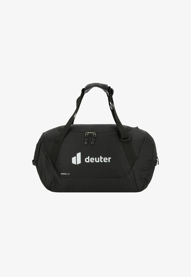 Bolsa de deporte negra con un diseño aerodinámico, que cuenta con un logo blanco, dos asas y un compartimento con cremallera para un acceso fácil.