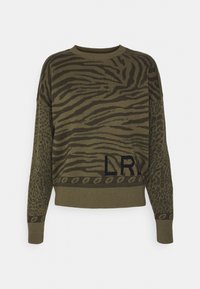 Maglione a maglia con diverse stampe di animali in oliva e nero, collo a giro ribattuto, design cropped, con logo 'LR' e fascia decorativa all'orlo.