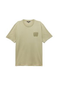 Beige kortærmet t-shirt med rund hals og et lille geometrisk mønster i tribal-stil på venstre brystlomme.