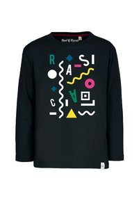 Schwarzes Langarm-T-Shirt mit bunten geometrischen Formen und Buchstaben in Weiß, Pink, Blau, Grün, Gelb und Musterelementen.
