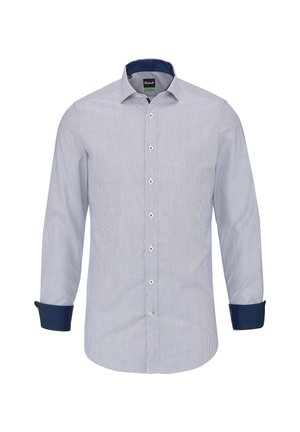 Herrenhemd mit langen Ärmeln, feinen hellgrauen Streifen, dunkelblauem innerem Kragen und Manschetten sowie klassischem Kentkragen.