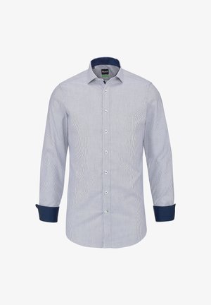 Camicia da uomo con maniche lunghe e bottoni, a righe sottili grigio chiaro, colletto interno e polsini blu navy, e colletto classico a punta larga.