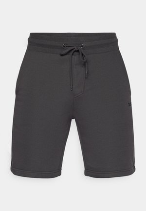 Dark gray shorts made of soft fabric with an elastic waistband, drawstring closure, side pockets, and subtle branding on the leg.