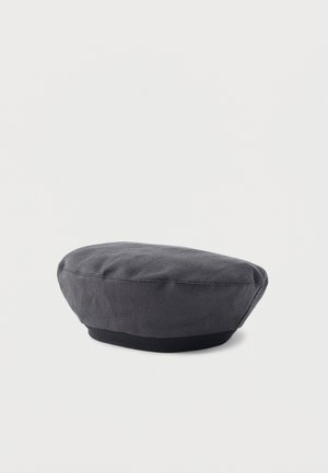 Dark gray fabric beret with a slightly textured surface and a black band around the base, shown against a plain white background.