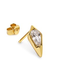Goldfarbene Steckerohrringe mit einem klaren, diamantförmigen Stein, der in eine geometrische Fassung eingefasst ist. Inklusive einer runden Schmetterlingsverschluss.