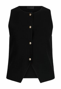Black sleeveless vest featuring a round neckline, gold-button closures, and a smooth texture with an angled hem design.